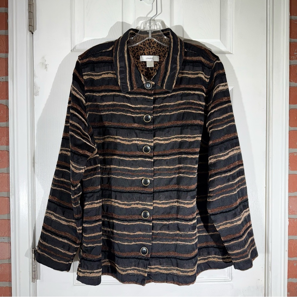 CJ Banks Black/Brown/Gold Blazer Safari Leopard Stripes Buttons Up Long Sleeve
